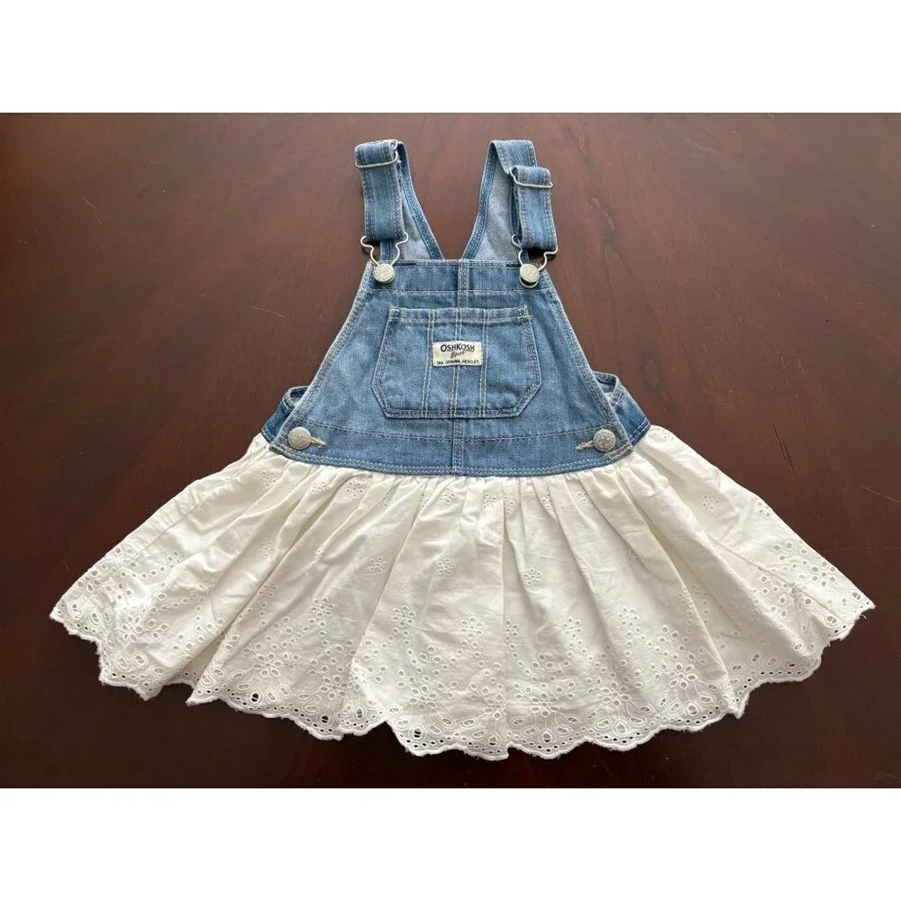 OshKosh B’gosh Denim Pinafore Eyelet Dress Toddler 2T Blue White